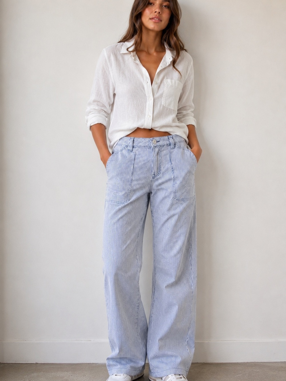 H&M Divided Blue White Striped Wide Leg Utility Pants Size 4